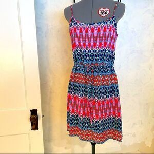 Pixley spaghetti strap lined mini sundress in warm & cool chevron stripes small